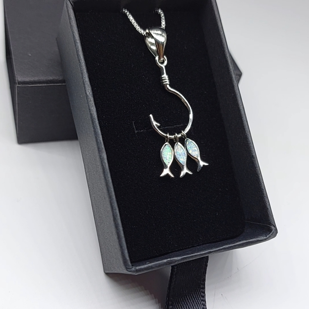 925 Sterling Silver Fishing Hook Featuring 3 Glimmering White Opal Inlay Fish